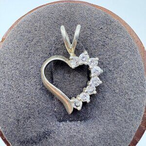 VTG Solid Sterling Silver 925 CZ Open Heart Design Pendant Size 0.75" Length